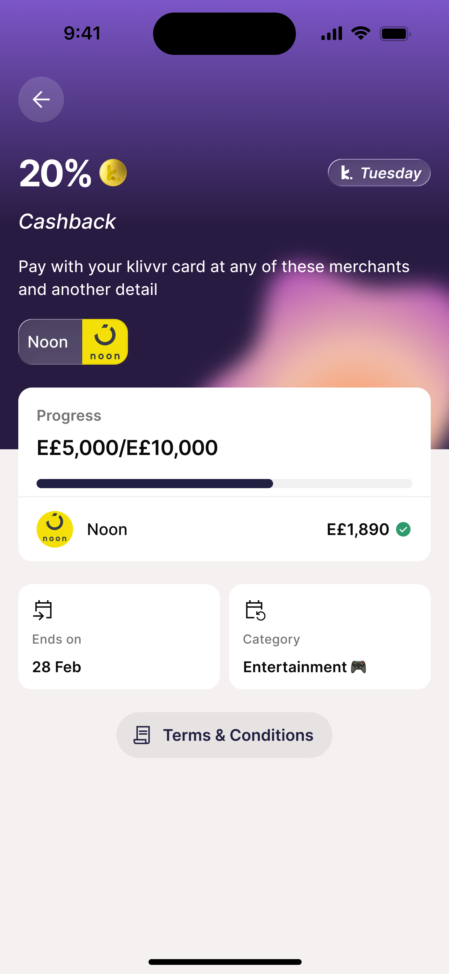 Cashback challenge — 20% at Noon, 50% progress, Entertainment category