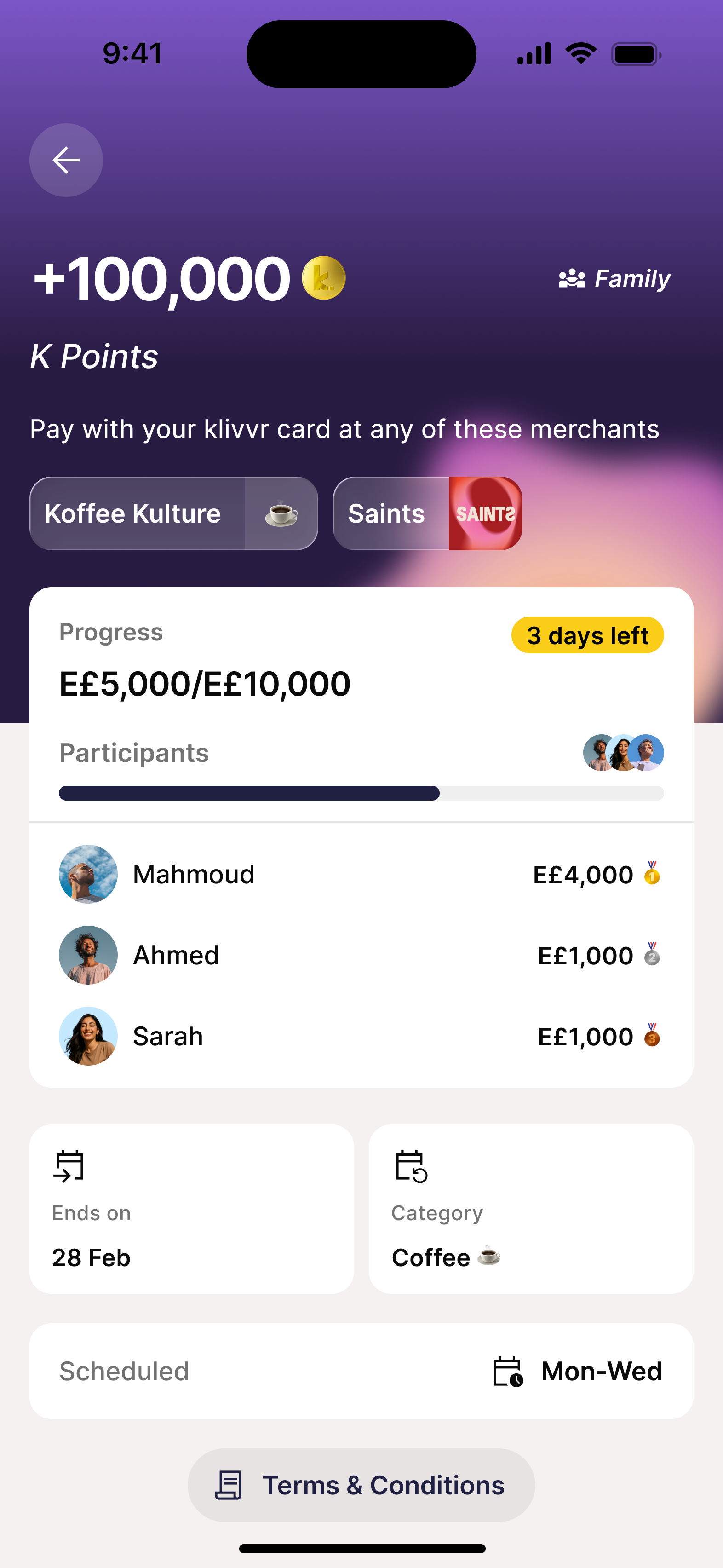 Family K Points challenge — Mahmoud EE£4K, Ahmed EE£1K, Sarah EE£1K