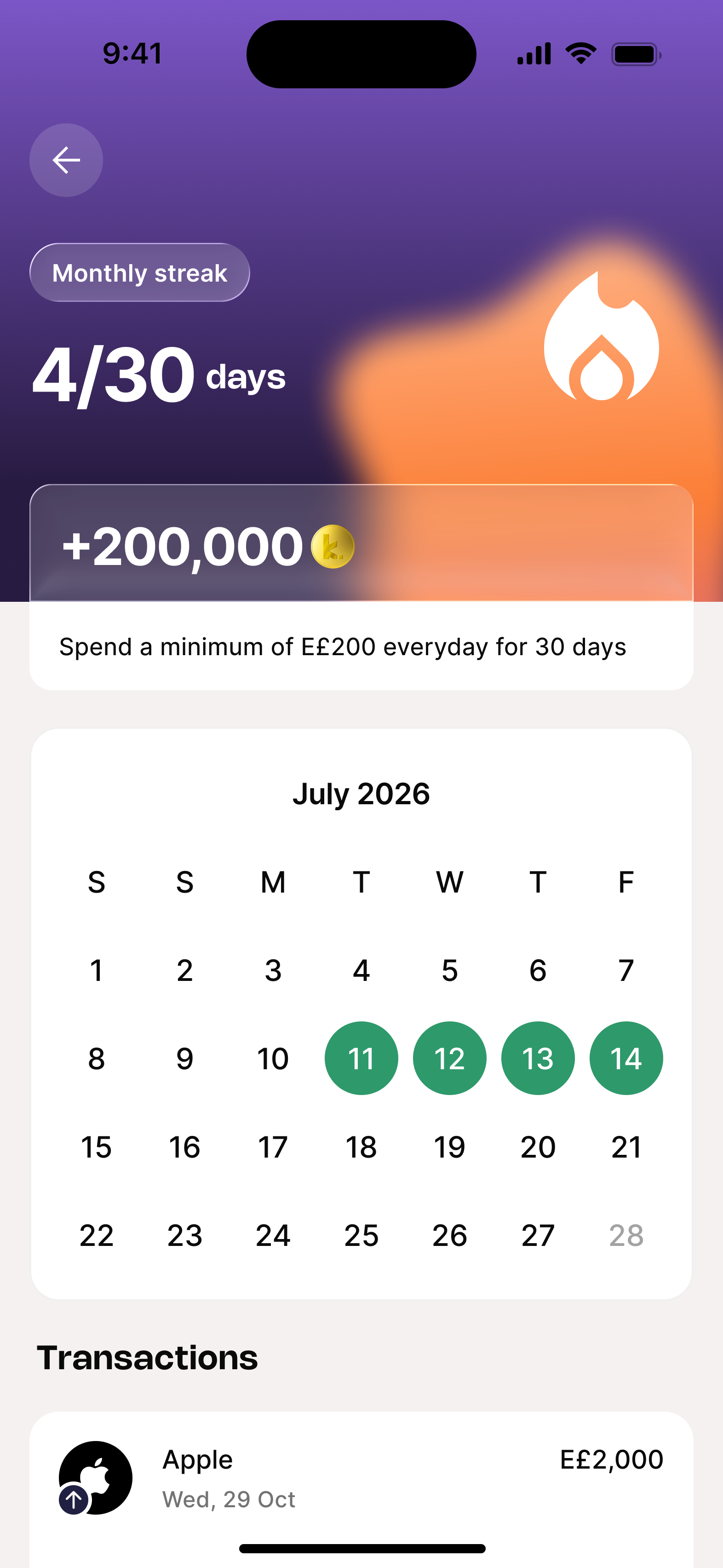 Monthly streak active — 4/30, July calendar with green day fills