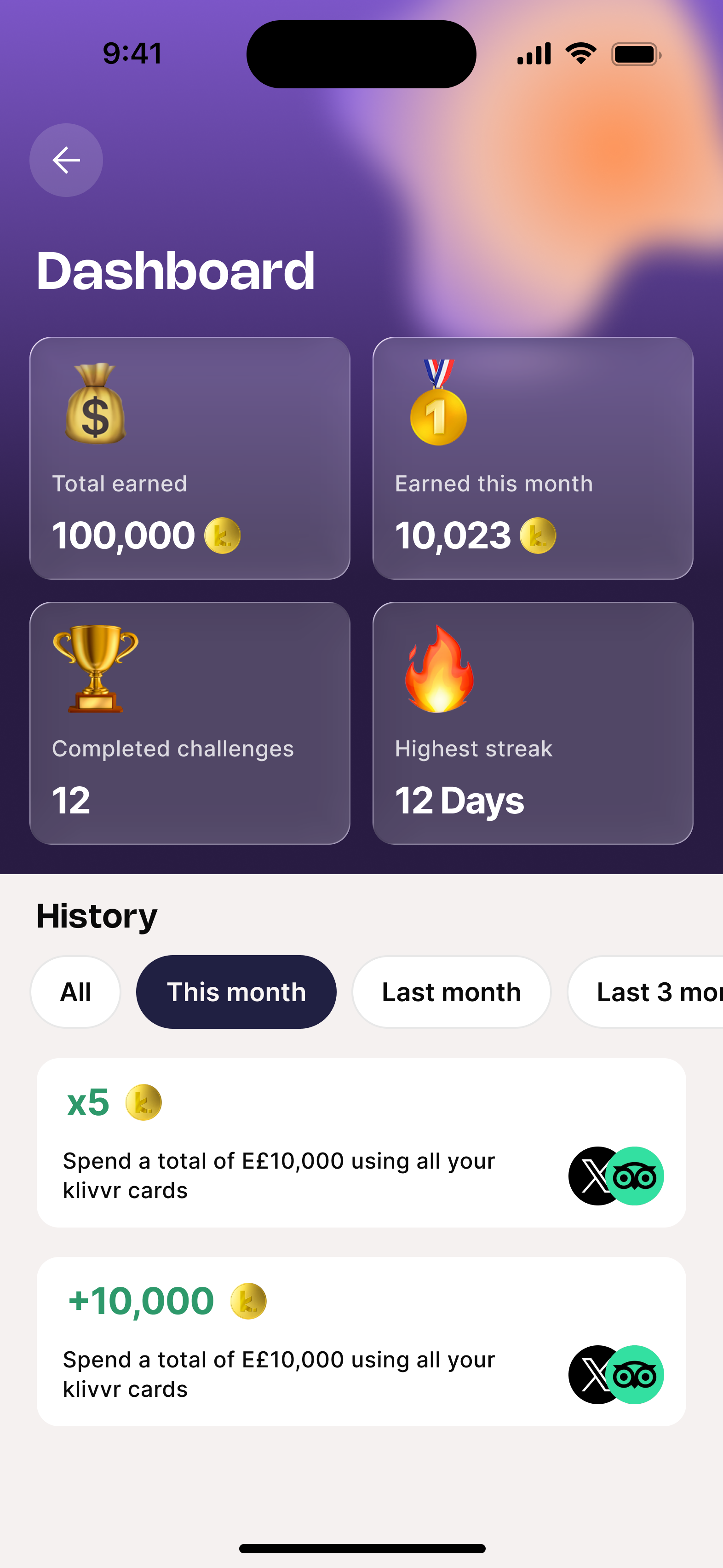 Challenges scrolled showing cards